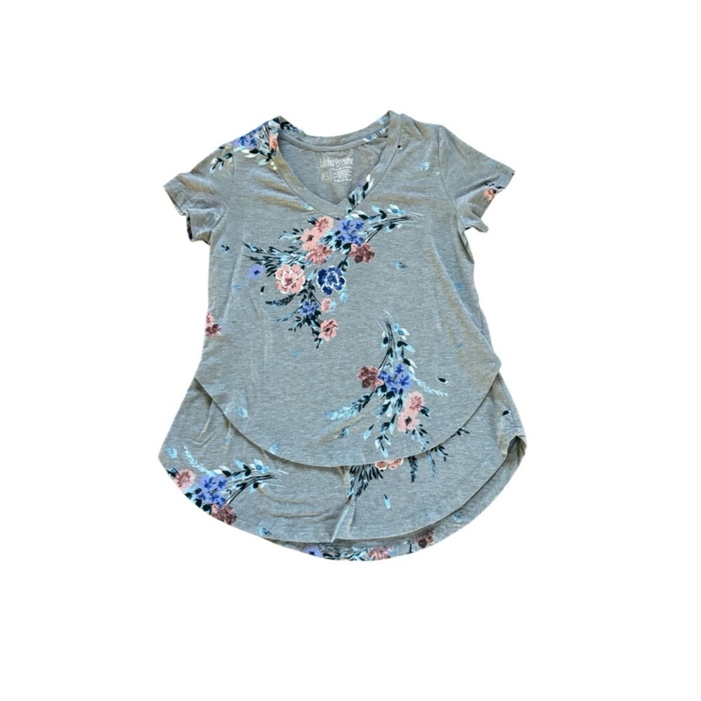 Latched Mama V Neck Boyfriend Nursing Tee Gray Grey Floral Womens XS